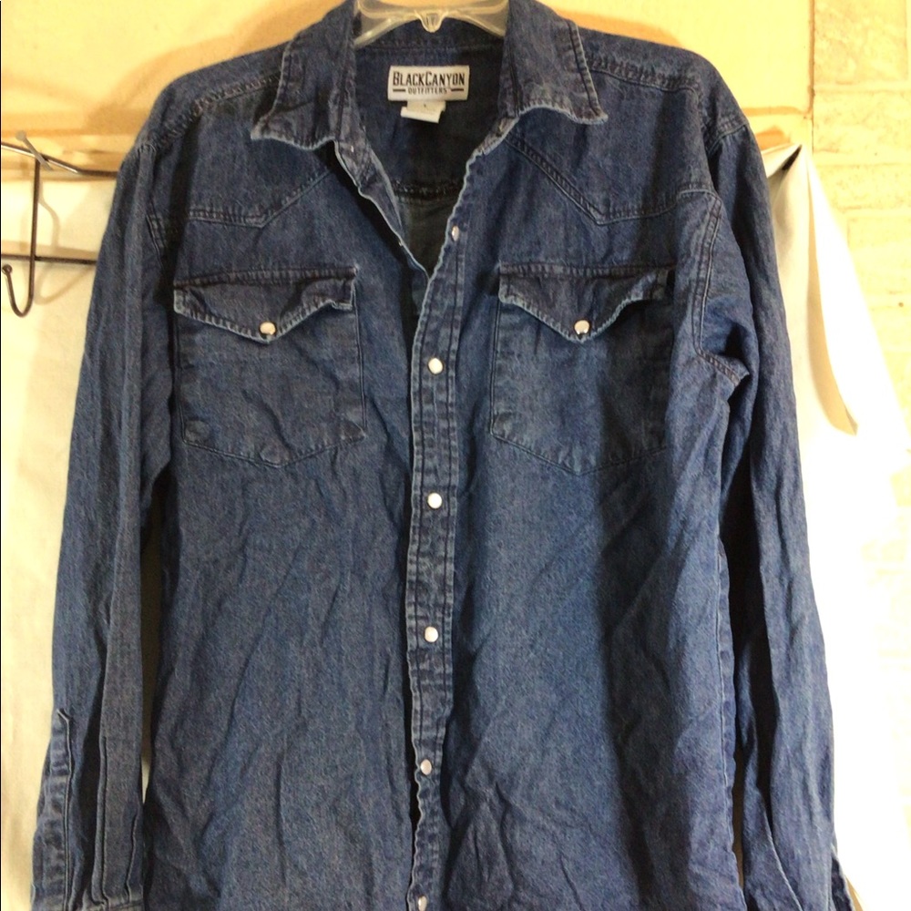 Cool Mens Sz L BLACK CANYON OUTFITTER Darker Wash Pearl Snap Front Denim Shirt